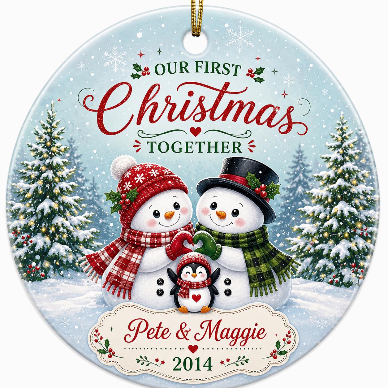 First Christmas Together Ornament, Snowman Penguin Couple KeepsakePersonalized