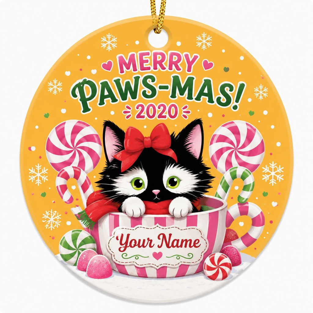 Tuxedo Kitten Ceramic Ornament, Whimsical Peppermint Cat Holiday Keepsake, Custom Name GiftPersonalized