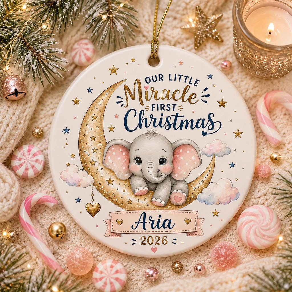 Custom Baby Elephant First Christmas Ornament, Watercolor Moon Nursery KeepsakePersonalized