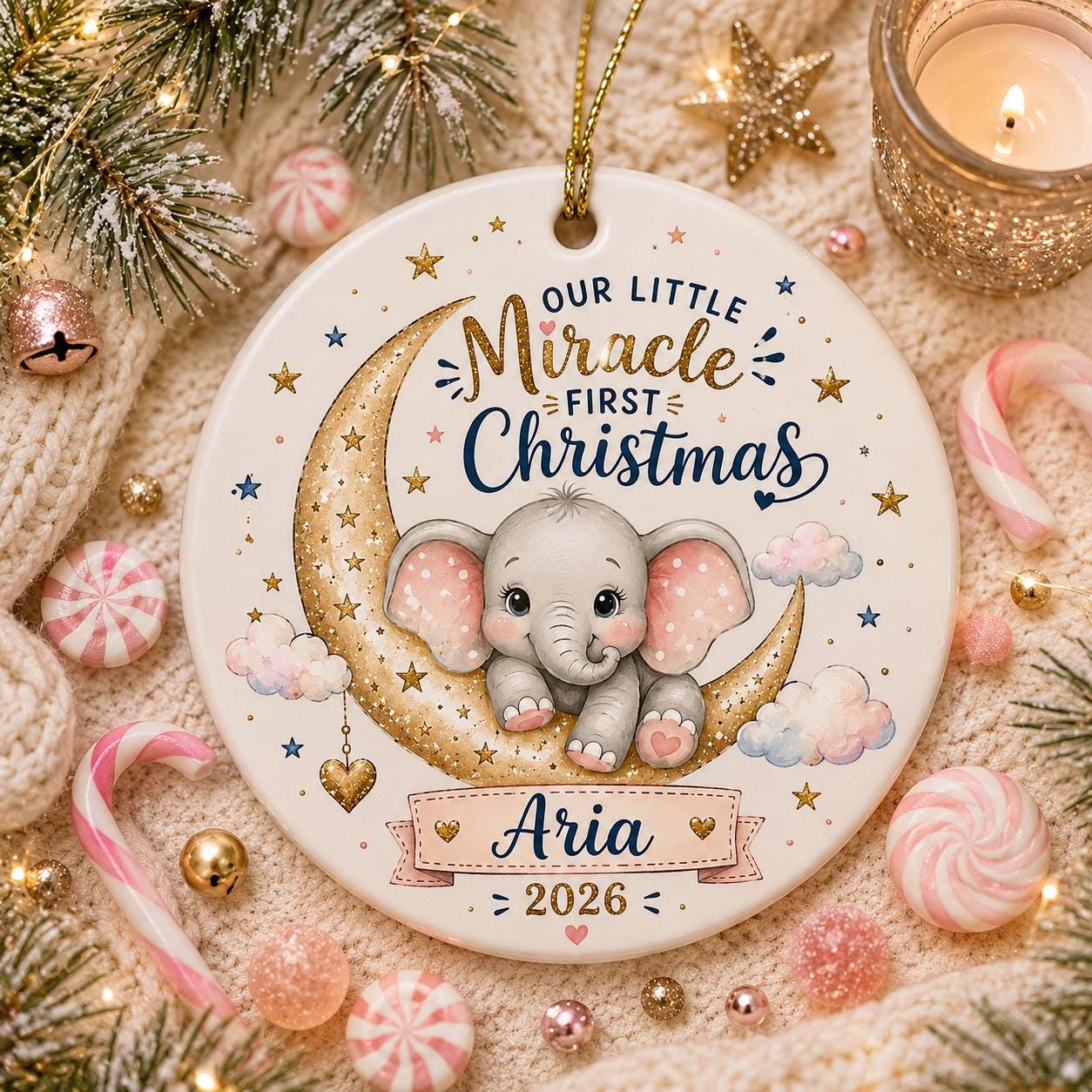 Custom Baby Elephant First Christmas Ornament, Watercolor Moon Nursery KeepsakePersonalized
