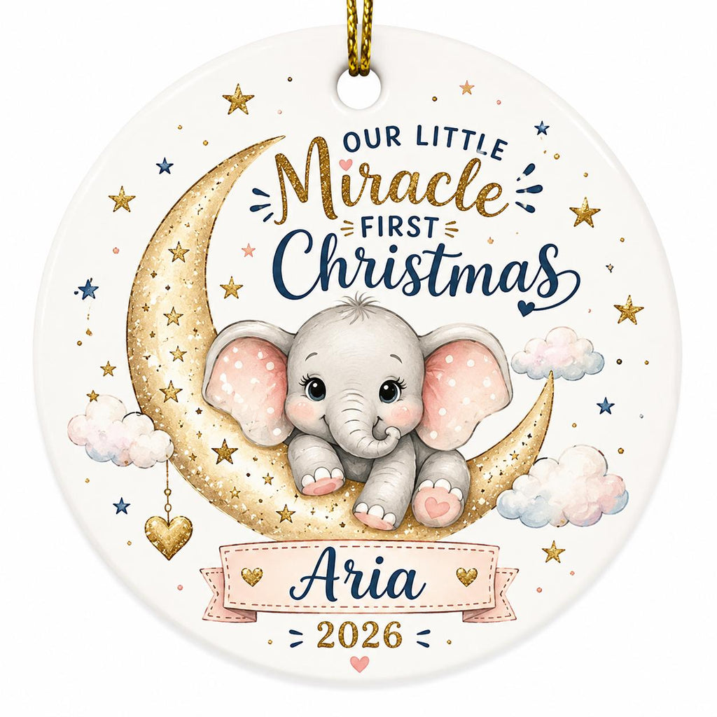Custom Baby Elephant First Christmas Ornament, Watercolor Moon Nursery KeepsakePersonalized