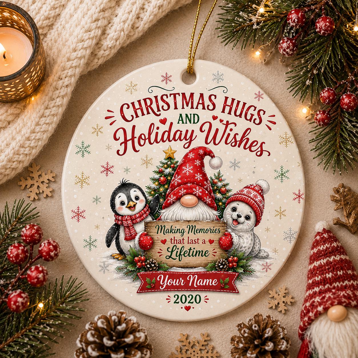 Gnome Penguin Seal Christmas Ornament, Custom Name Holiday Keepsake, Winter Animal ArtPersonalized