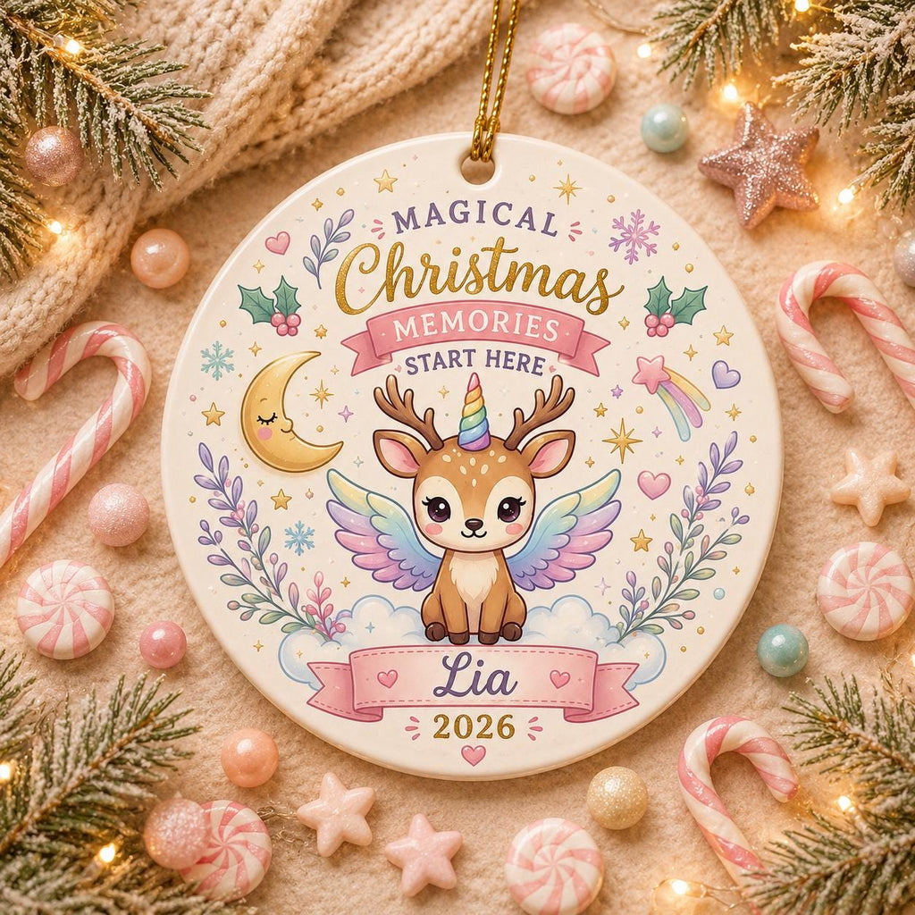 Unicorn Deer Christmas Ornament, Whimsical Woodland Holiday KeepsakePersonalized