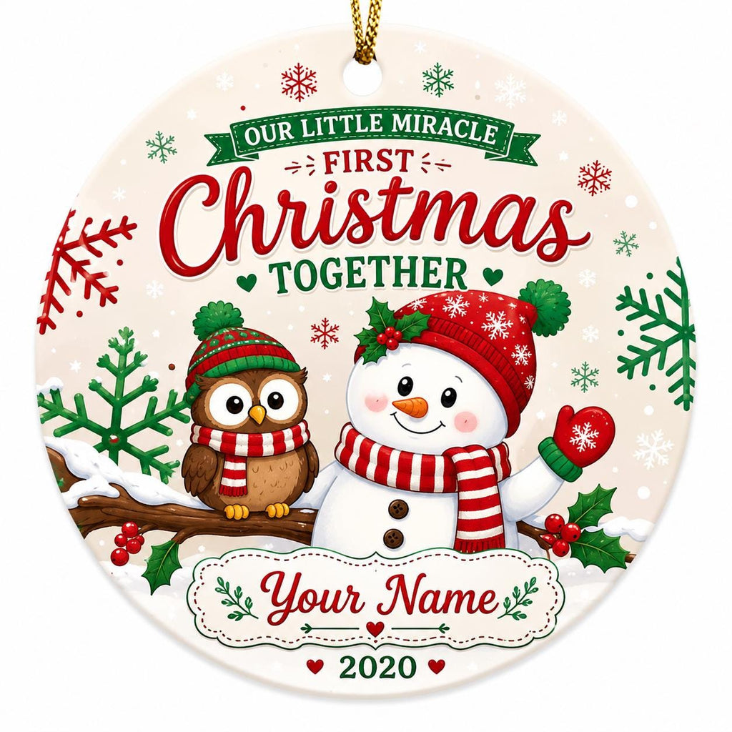 Baby's First Christmas Ornament 2020, Snowman Owl Ceramic Keepsake, Winter Holiday DecorPersonalized