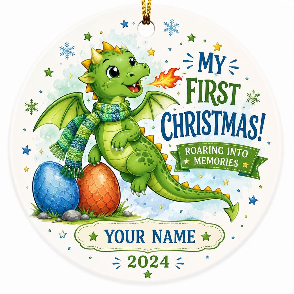 Baby Dragon First Christmas Ornament, Custom Name Ceramic Keepsake, Fantasy DecorPersonalized