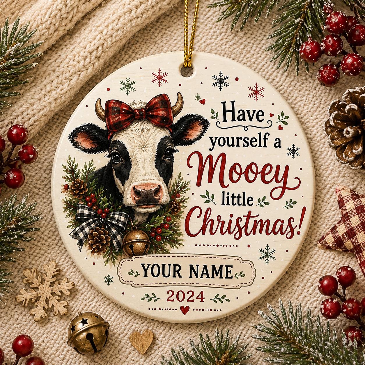 Cow Christmas Ornament, Buffalo Plaid Farmhouse Decor, Country Holiday KeepsakePersonalized