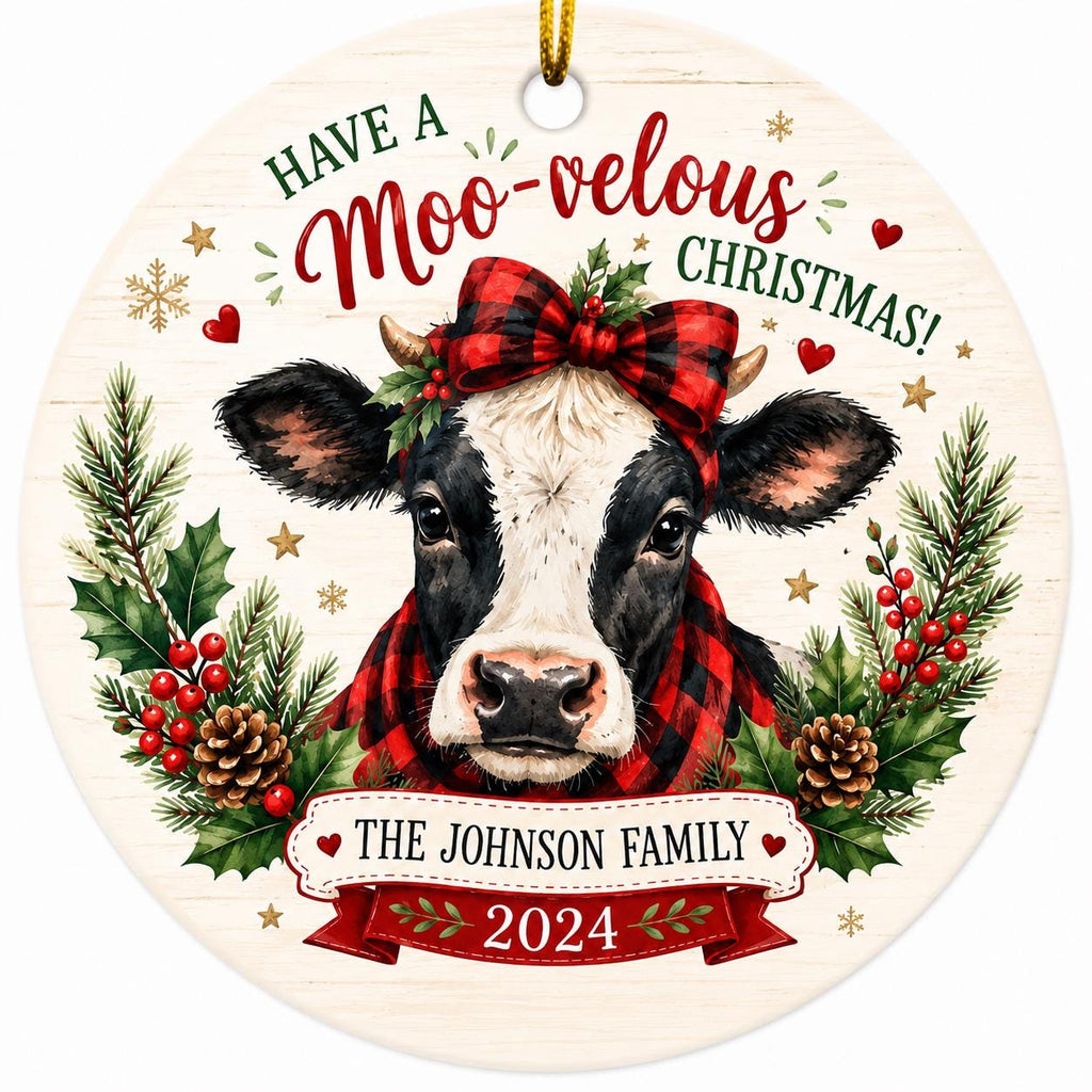 Cow Christmas Ornament, Buffalo Plaid Farmhouse Decor, Ceramic KeepsakePersonalized
