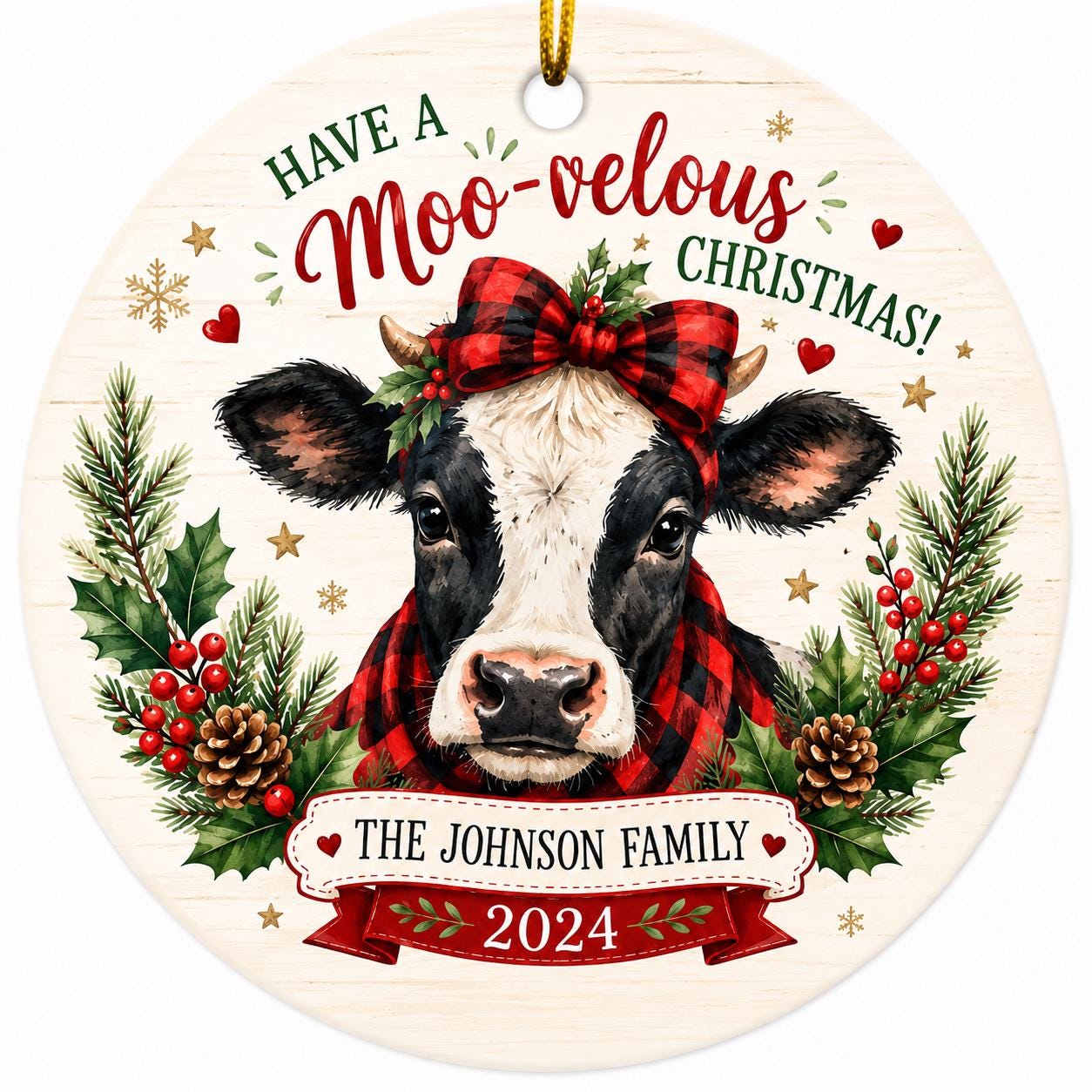 Cow Christmas Ornament, Buffalo Plaid Farmhouse Decor, Ceramic KeepsakePersonalized