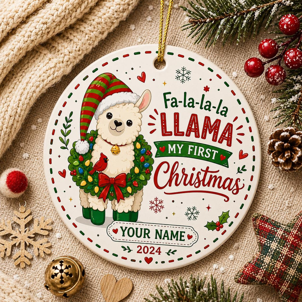 Christmas Llama Ornament, Festive Alpaca, Red Green Stripes, Whimsical Tree DecorPersonalized