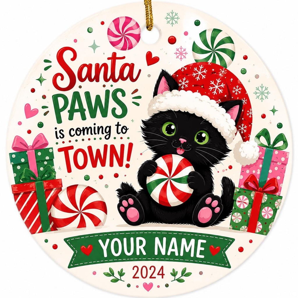 Black Cat Christmas Ornament, Santa Hat Kitty, Peppermint Candy Swirls, Holiday KeepsakePersonalized