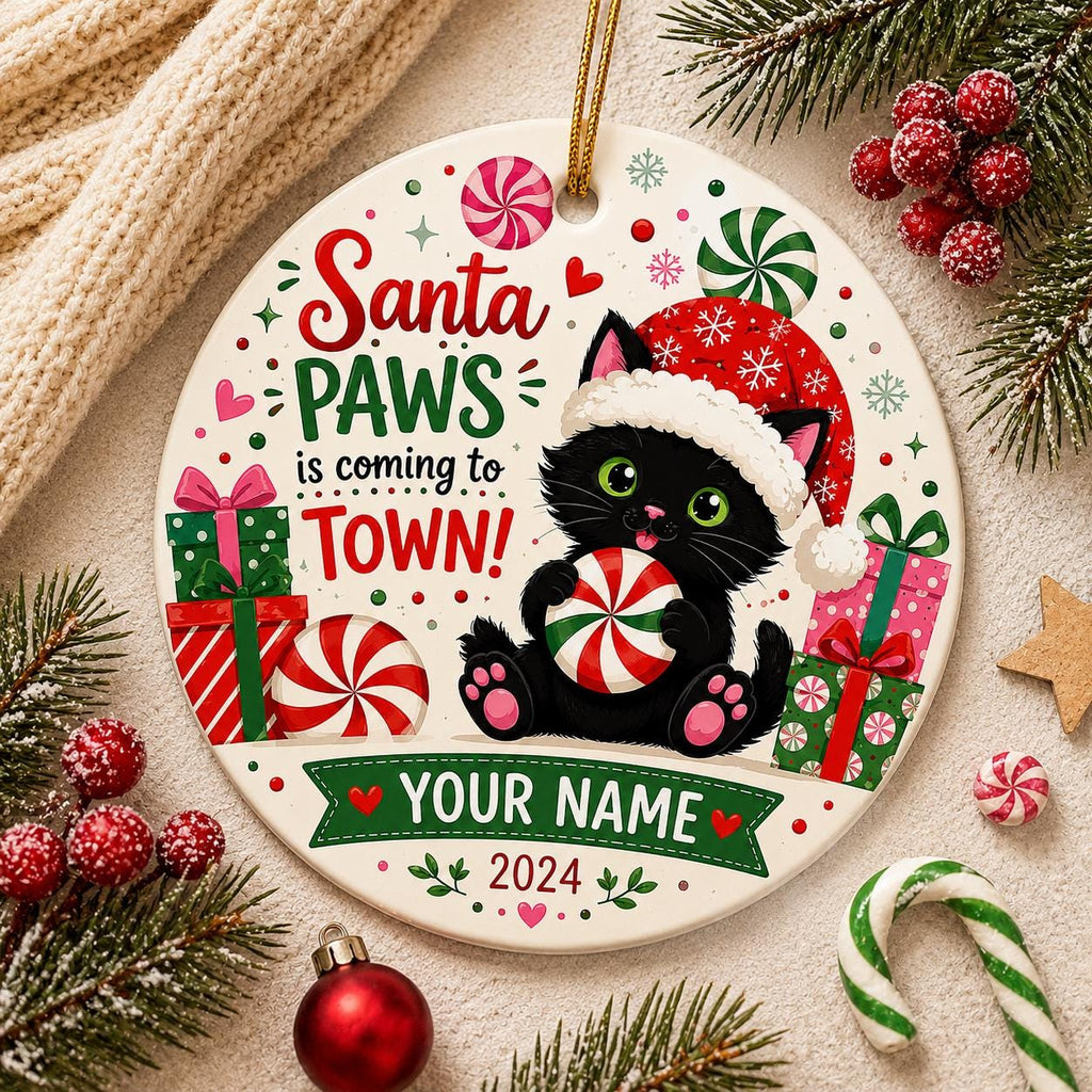 Black Cat Christmas Ornament, Santa Hat Kitty, Peppermint Candy Swirls, Holiday KeepsakePersonalized