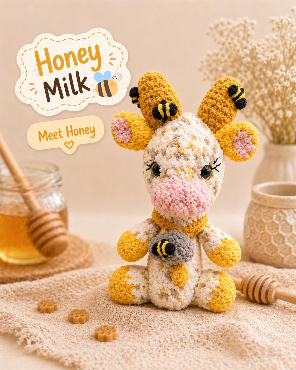 Crochet Honey Bee Cow Plushie, Chunky Yarn Stuffed Animal, Bumblebee Nursery Decor