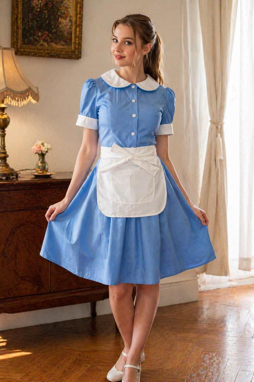 Waitress Dress Halloween Costume Uniform Blue White Retro Diner Dress Pinup Hostess Rockabilly Outfit