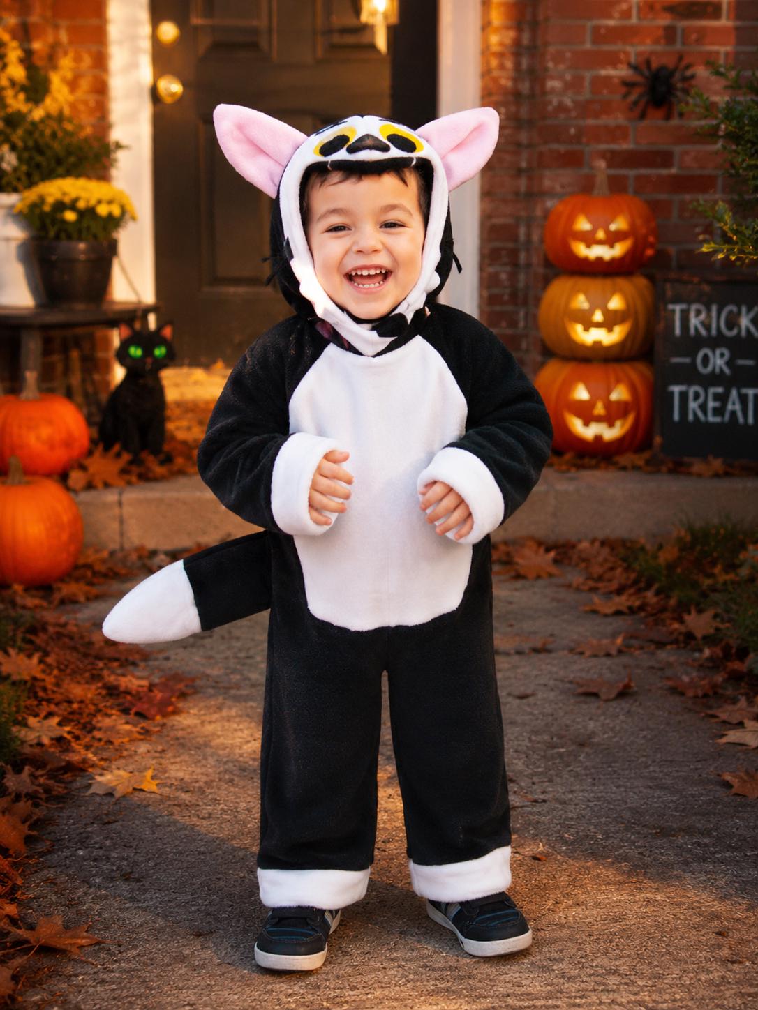 Kids Black Halloween Costume, Fleece Bodysuit and Hood, Open Face Cat