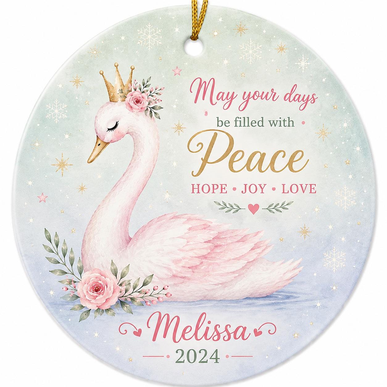 Pink Swan Princess Ornament, Peace Hope Joy Christmas Decor, Personalized Name KeepsakePersonalized
