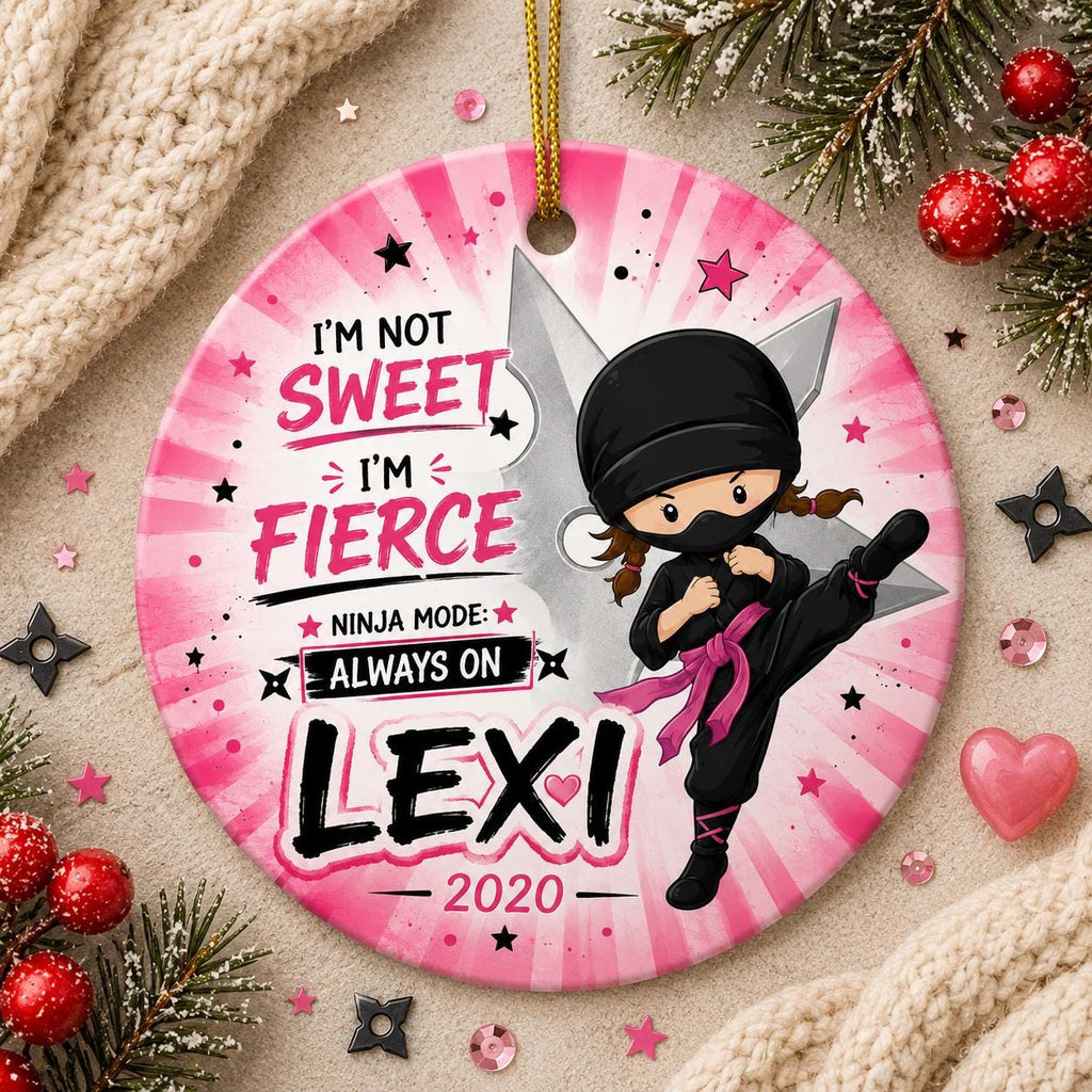 Ninja Girl Ornament, Pink Belt Martial Arts Ceramic KeepsakePersonalized