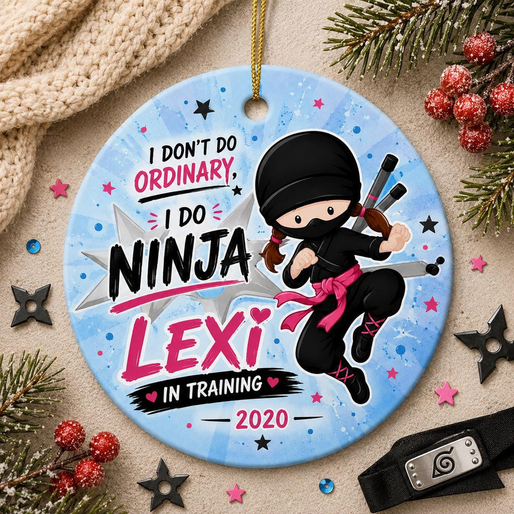 Ninja Girl Ornament, Custom Name Martial Arts Ceramic Keepsake, Pink Belt DecorPersonalized