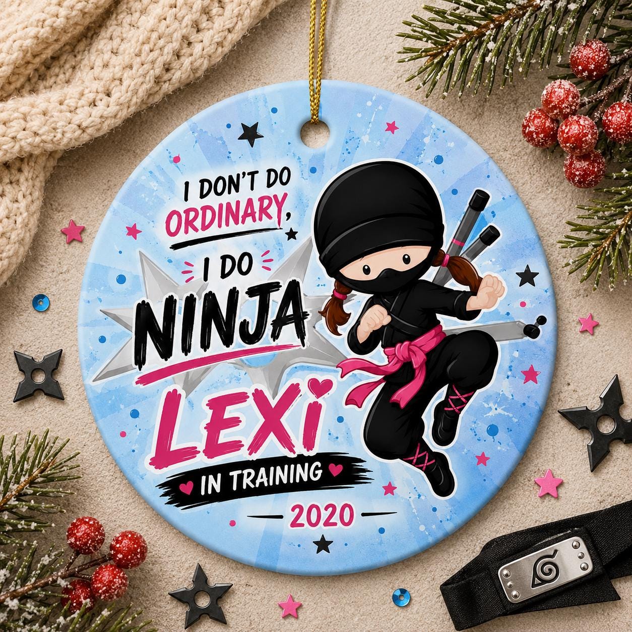 Ninja Girl Ornament, Custom Name Martial Arts Ceramic Keepsake, Pink Belt DecorPersonalized