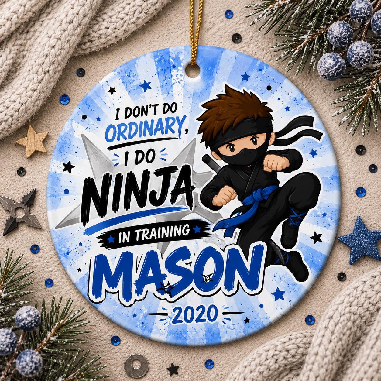 Ninja Ornament, Kids Martial Arts Ceramic Keepsake, Custom Name Christmas DecorPersonalized