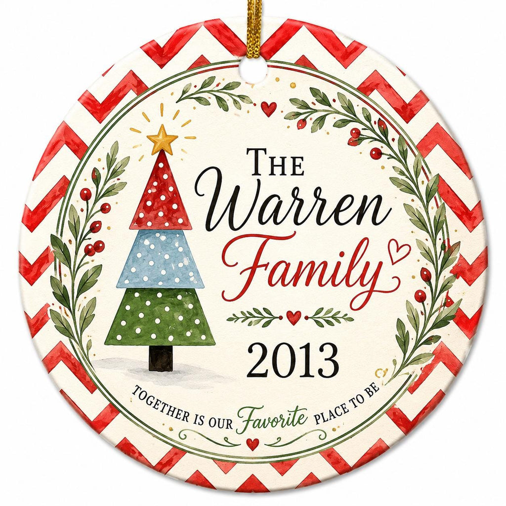 Family Name Ceramic Ornament, Modern Chevron Christmas Tree Decor, Custom Year KeepsakePersonalized