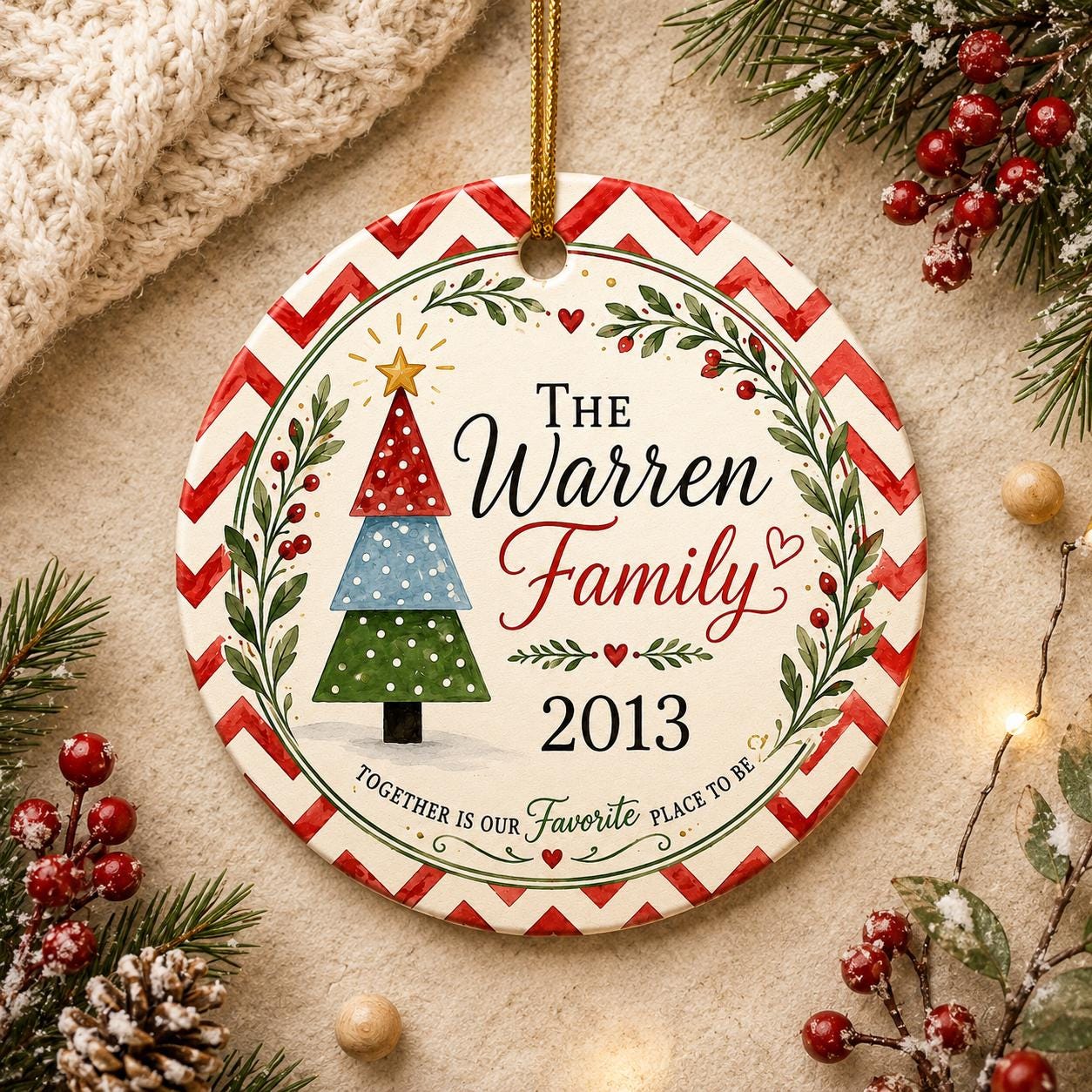 Family Name Ceramic Ornament, Modern Chevron Christmas Tree Decor, Custom Year KeepsakePersonalized