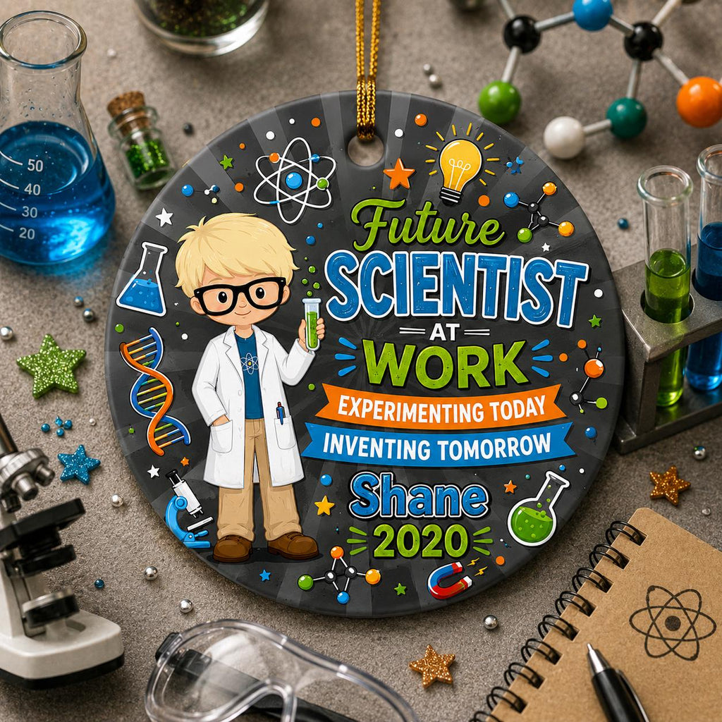 Future Scientist Ornament, Chemist Gift, Whimsical Lab Decor, Ceramic KeepsakePersonalized