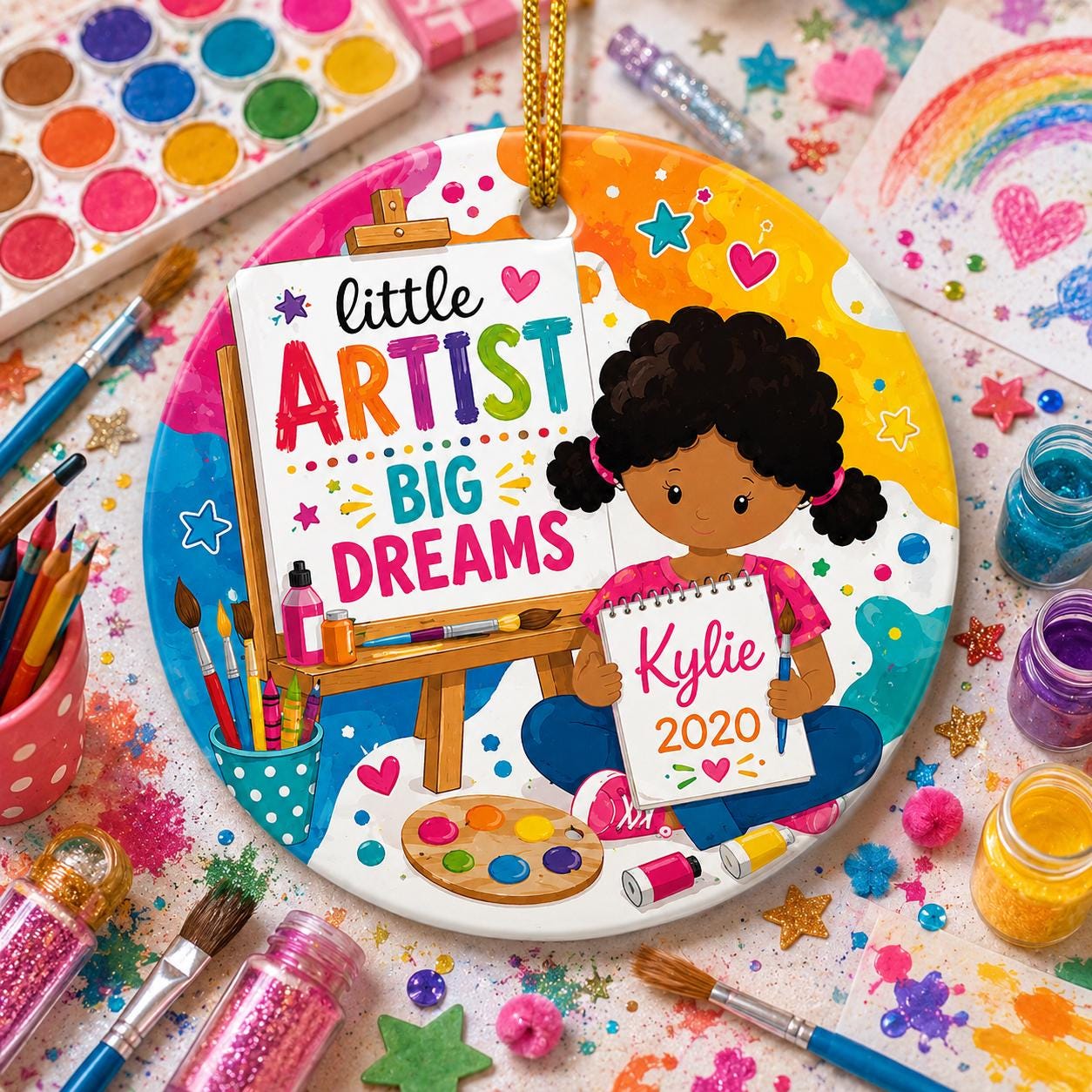 Artist Girl Ornament, Custom Painter Gift, Ceramic Keepsake, Art Easel DecorPersonalized