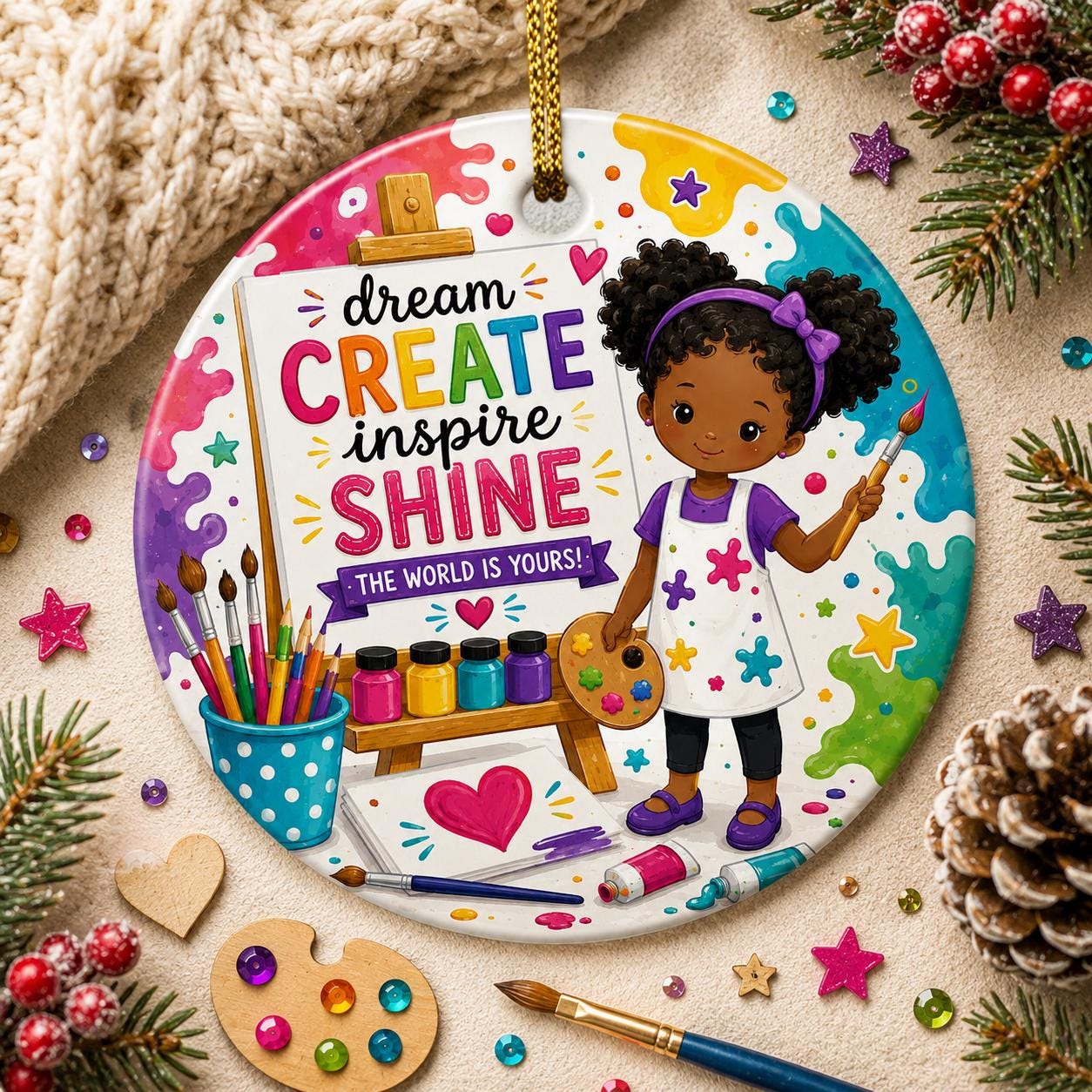 Black Girl Artist Ceramic Ornament, Creative Kids Christmas Gift, Dream Inspire ShinePersonalized