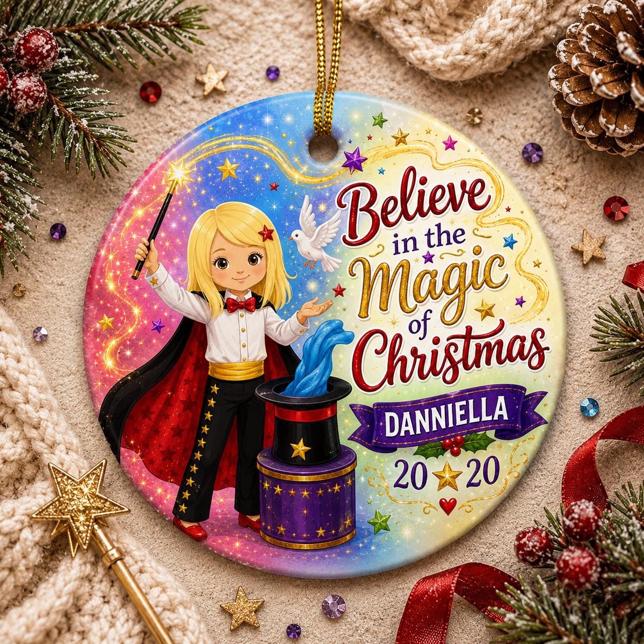 Magician Girl Ornament, Custom Magic Christmas Keepsake, Ceramic Art DecorPersonalized