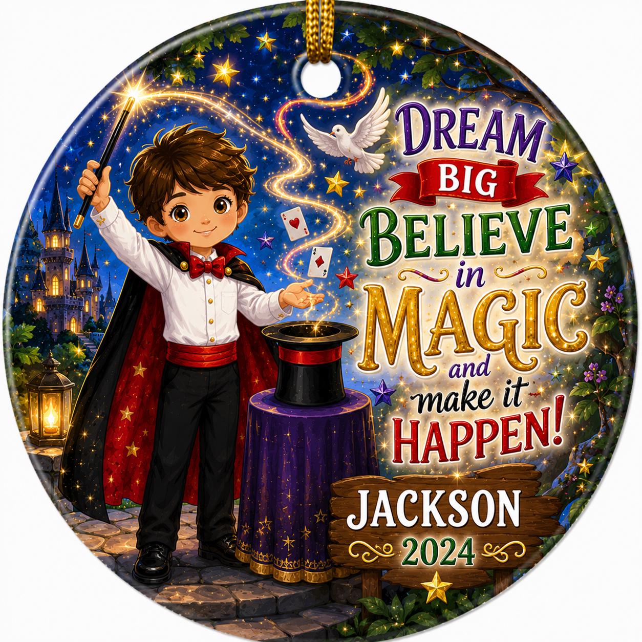 Magician Ornament, Boy Wizard Ceramic Keepsake, Believe in Magic Christmas GiftPersonalized