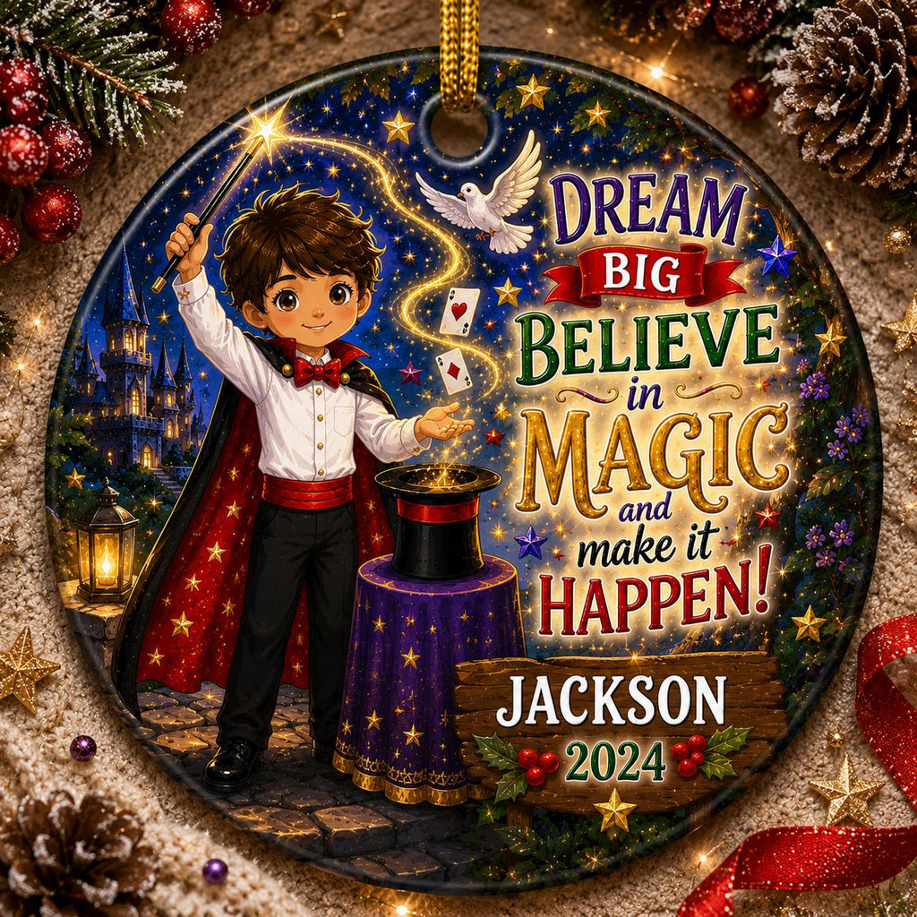 Magician Ornament, Boy Wizard Ceramic Keepsake, Believe in Magic Christmas GiftPersonalized