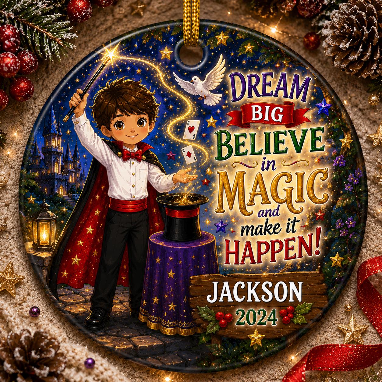 Magician Ornament, Boy Wizard Ceramic Keepsake, Believe in Magic Christmas GiftPersonalized