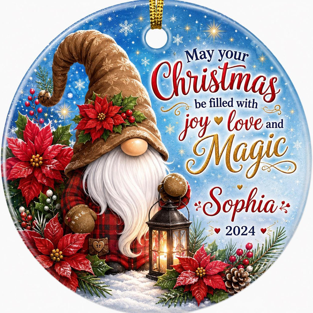 Poinsettia Gnome Christmas Ornament, Personalized Red Floral Wreath Ceramic KeepsakePersonalized