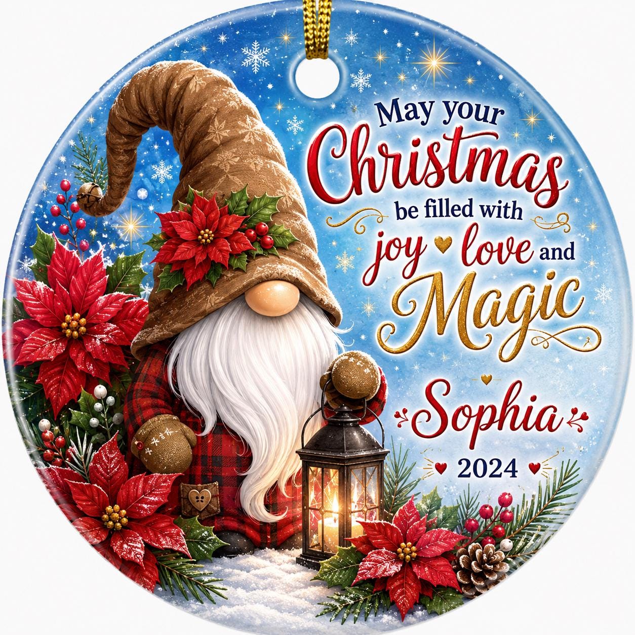 Poinsettia Gnome Christmas Ornament, Personalized Red Floral Wreath Ceramic KeepsakePersonalized