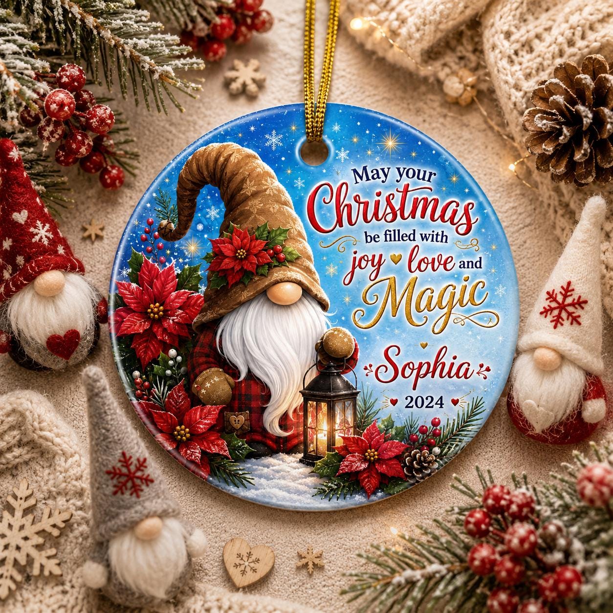 Poinsettia Gnome Christmas Ornament, Personalized Red Floral Wreath Ceramic KeepsakePersonalized