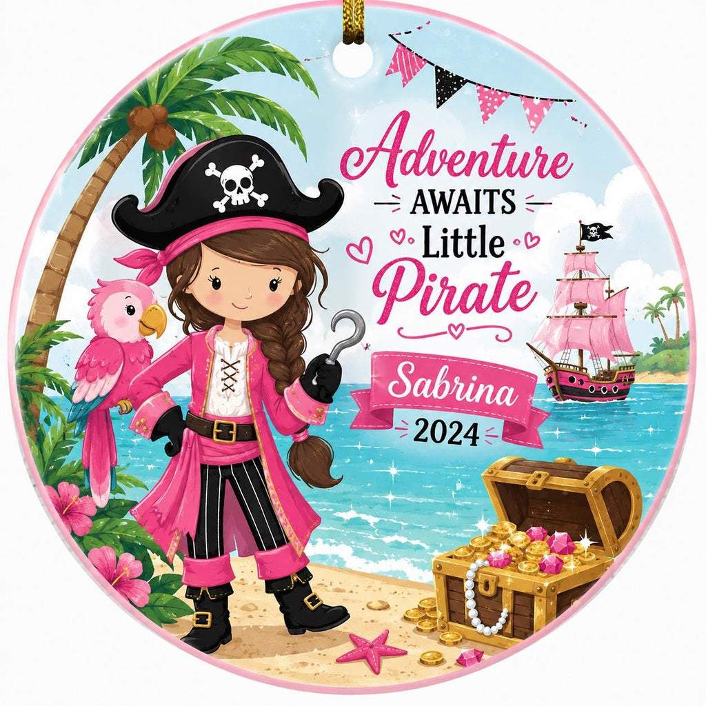 Pirate Girl Ornament, Pink Parrot Island Theme, Kids Christmas KeepsakePersonalized