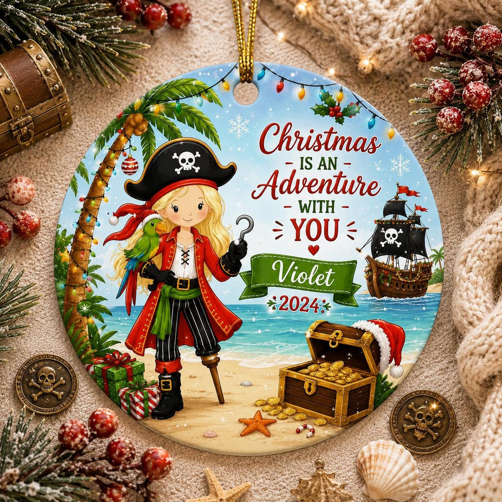 Pirate Girl Ornament, Tropical Island Parrot Christmas KeepsakePersonalized