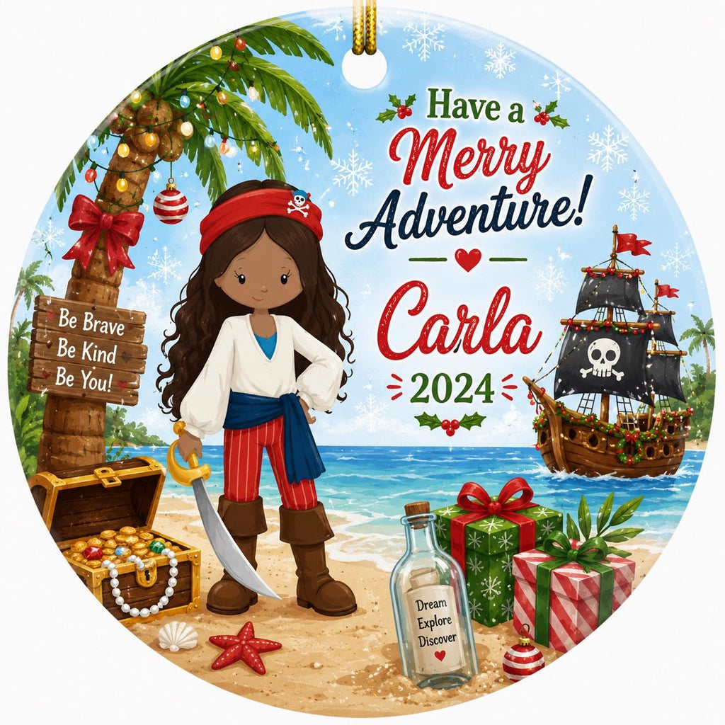 Pirate Girl Ornament, Tropical Island Adventure Keepsake, Ceramic Kid's GiftPersonalized