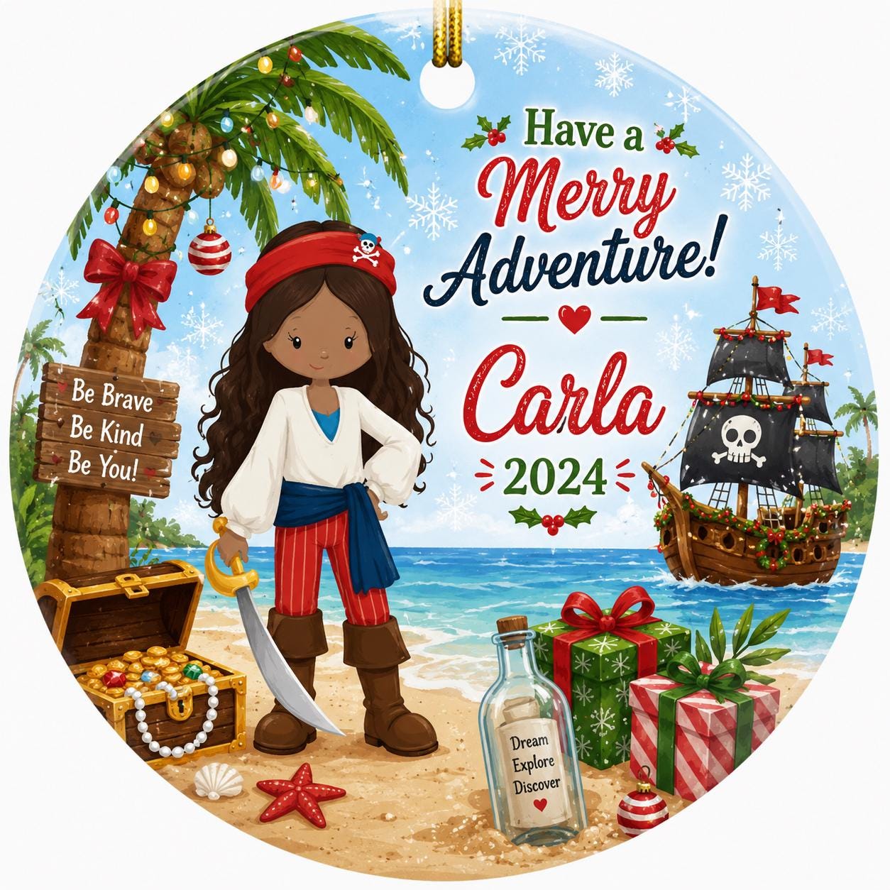 Pirate Girl Ornament, Tropical Island Adventure Keepsake, Ceramic Kid's GiftPersonalized