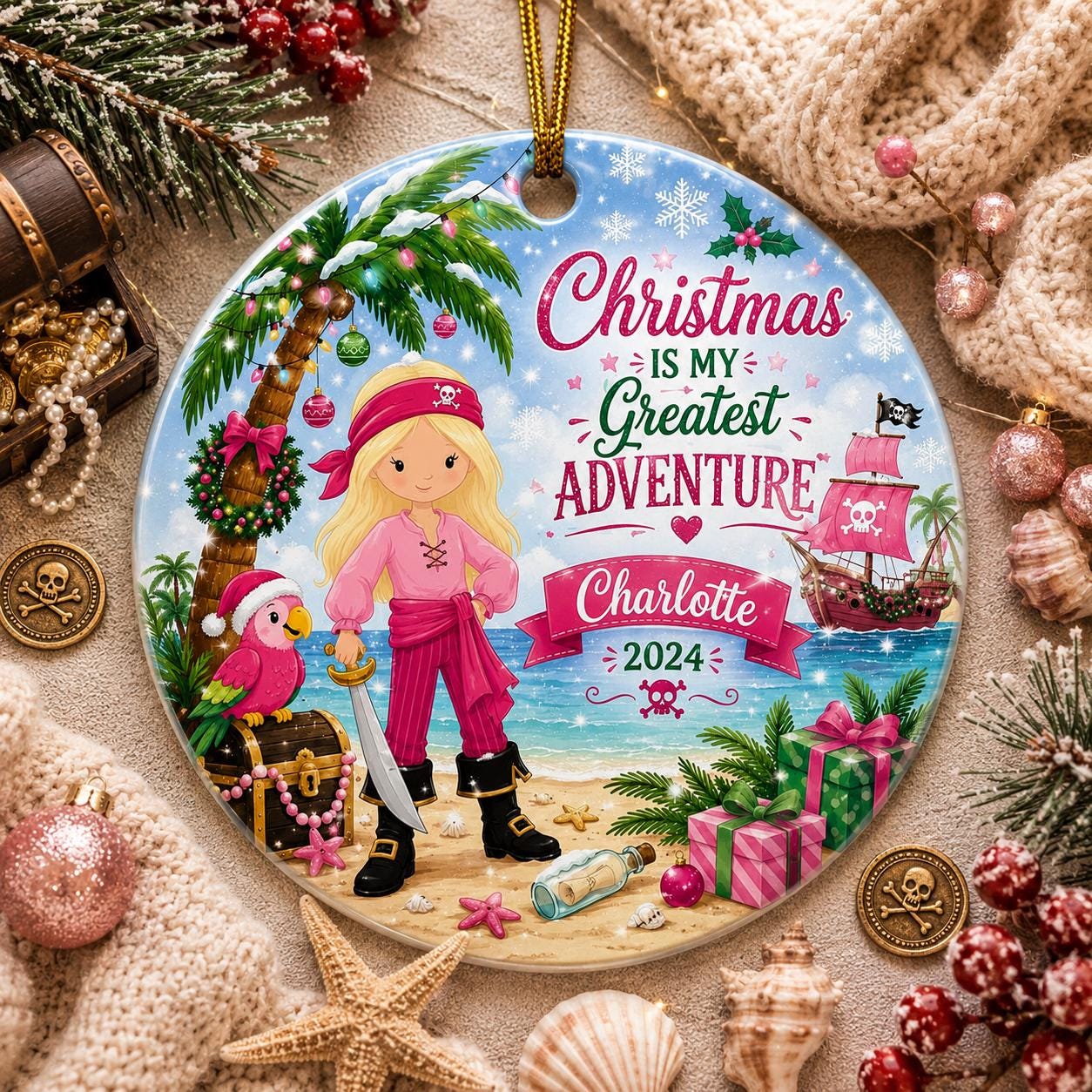 Girl Pirate Christmas Ornament, Tropical Beach Island Decor, Ceramic Swashbuckler ArtPersonalized