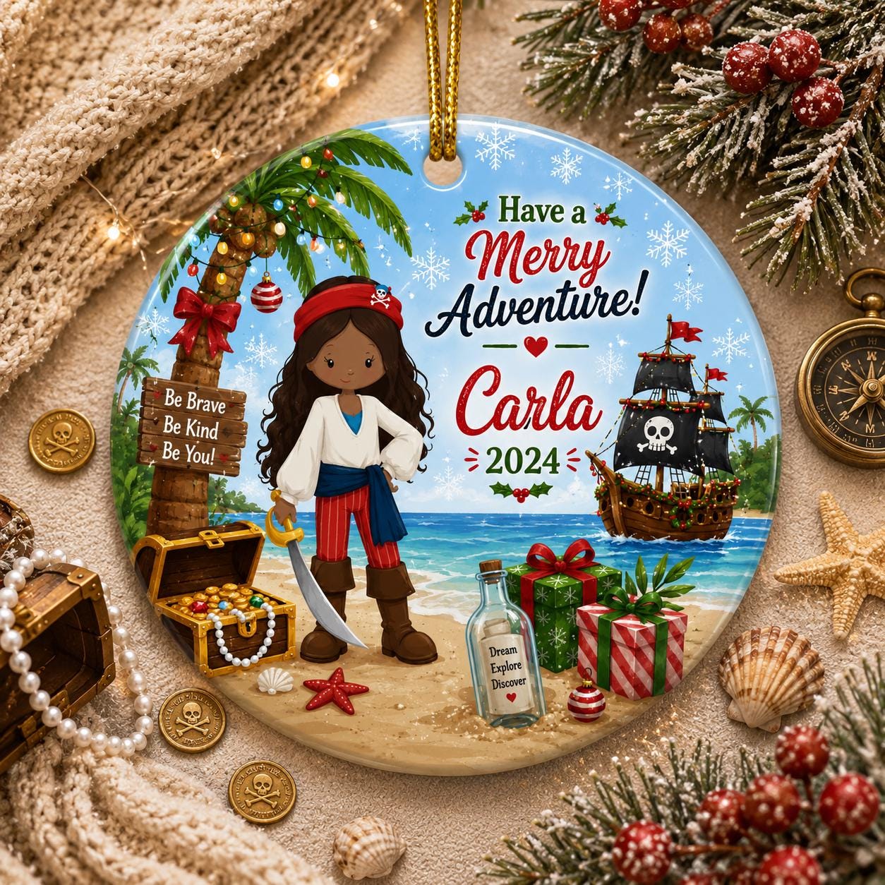 Pirate Girl Ornament, Tropical Island Adventure Keepsake, Ceramic Kid's GiftPersonalized