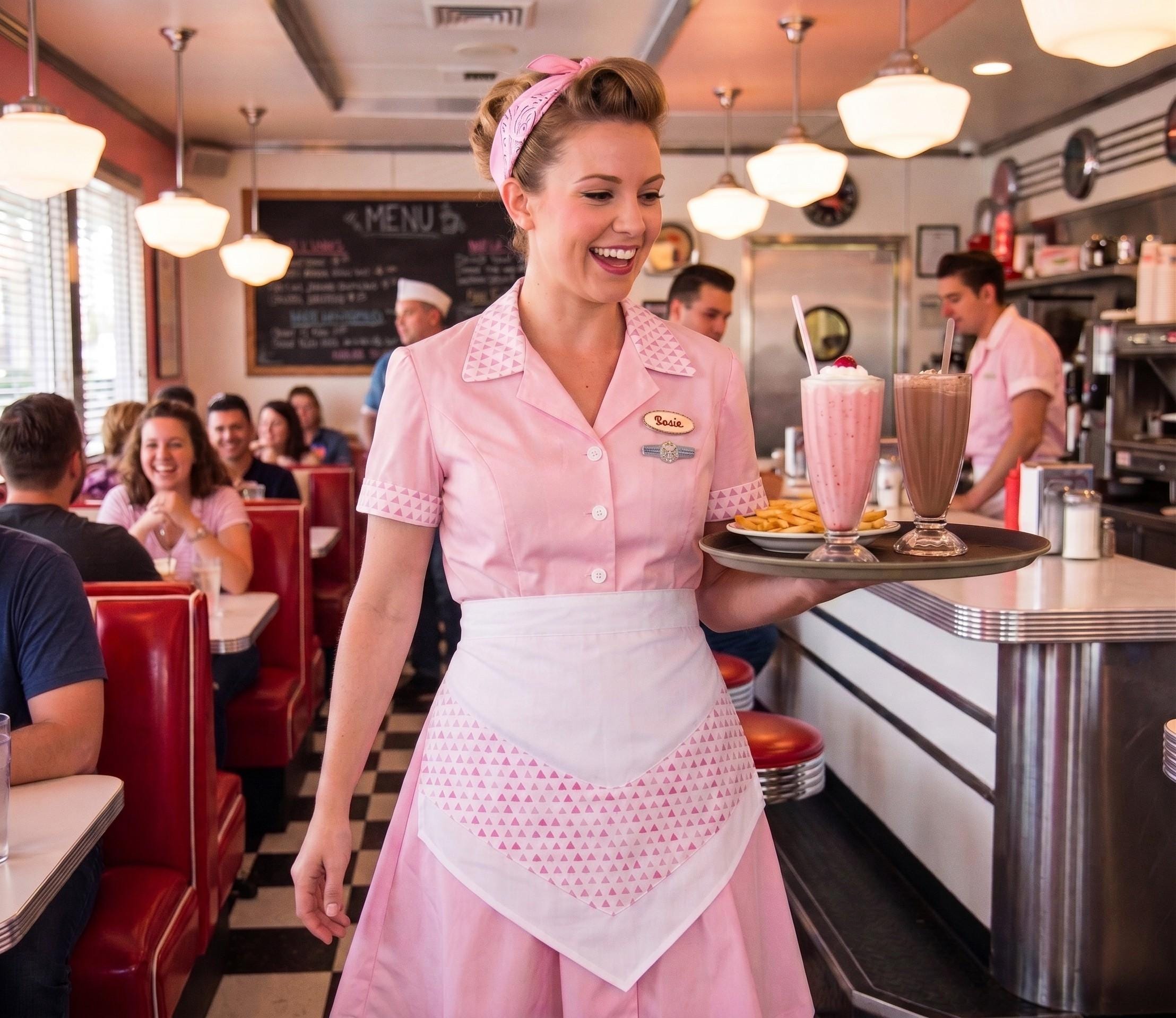 Pink Waitress Dress Costume Uniform Maid Pink Retro Diner Dress Pinup Hostess Halloween Rockabilly Outfit