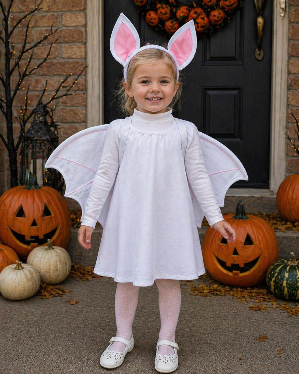 Girls White Bat Halloween Costume Dress, Fleece Wings, Ears Headband