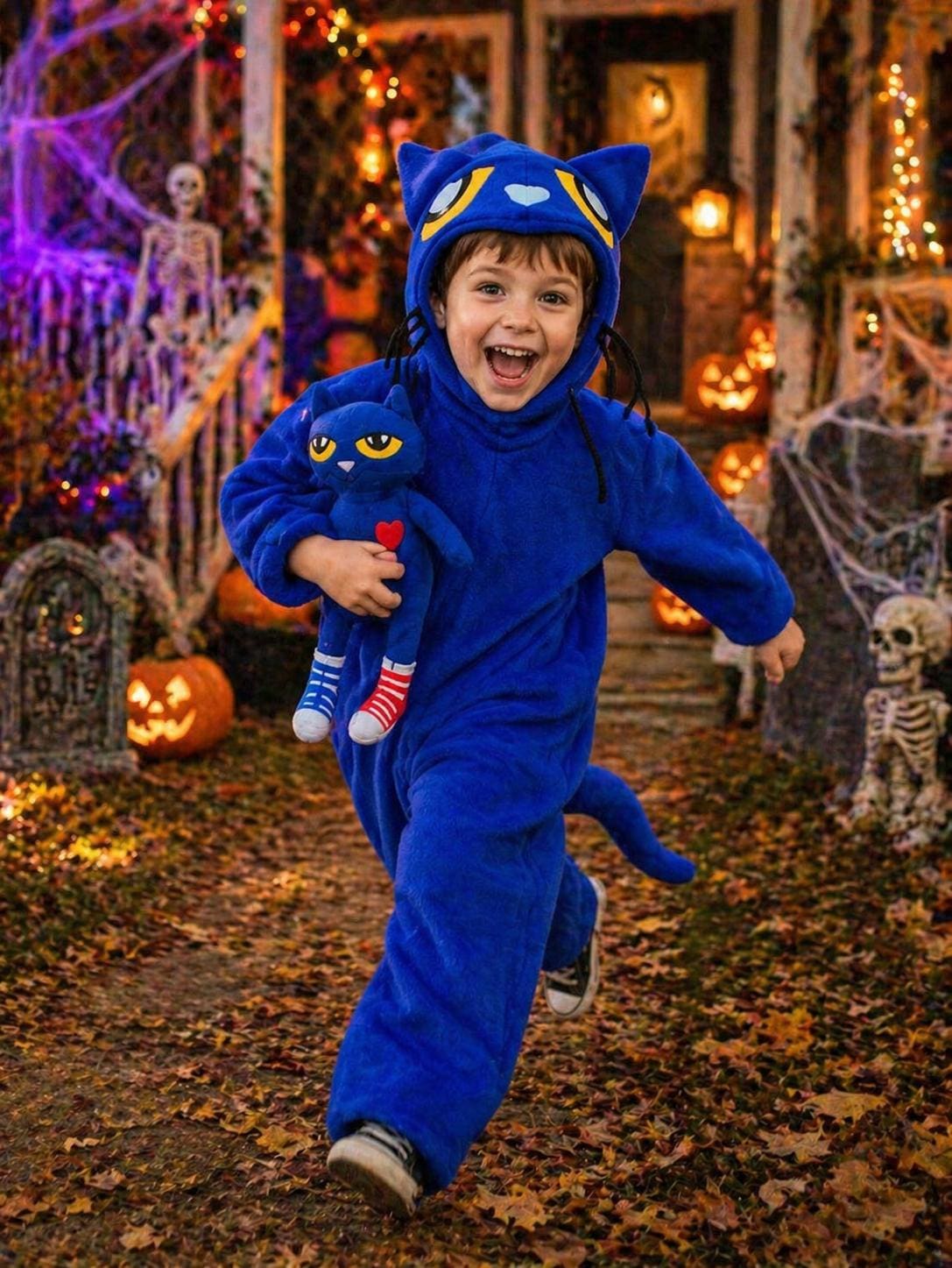 Blue Cat Halloween Costume, Fleece Bodysuit and Hood, Kids Dress-Up Outfit