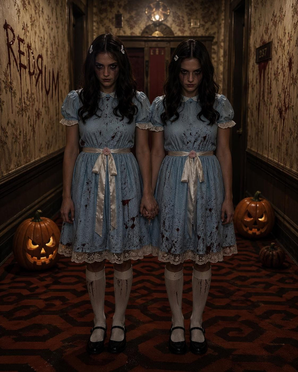 The Shining Grady Twins Halloween Costume Set Dress Couple Haunted Hotel Movie Inspired Creepy Sisters Cosplay Outfit
