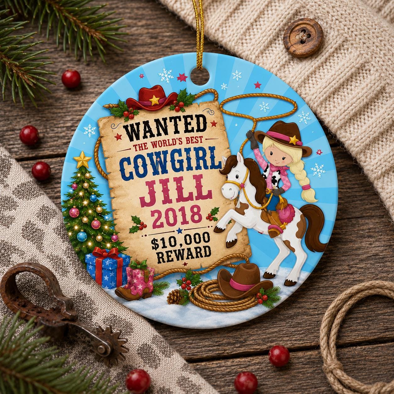 Cowgirl Ornament, Custom Western Keepsake, Horse Lover Christmas DecorPersonalized