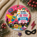 Flying Superhero Girl Ornament, Custom Name Hero Gift, Comic City KeepsakePersonalized