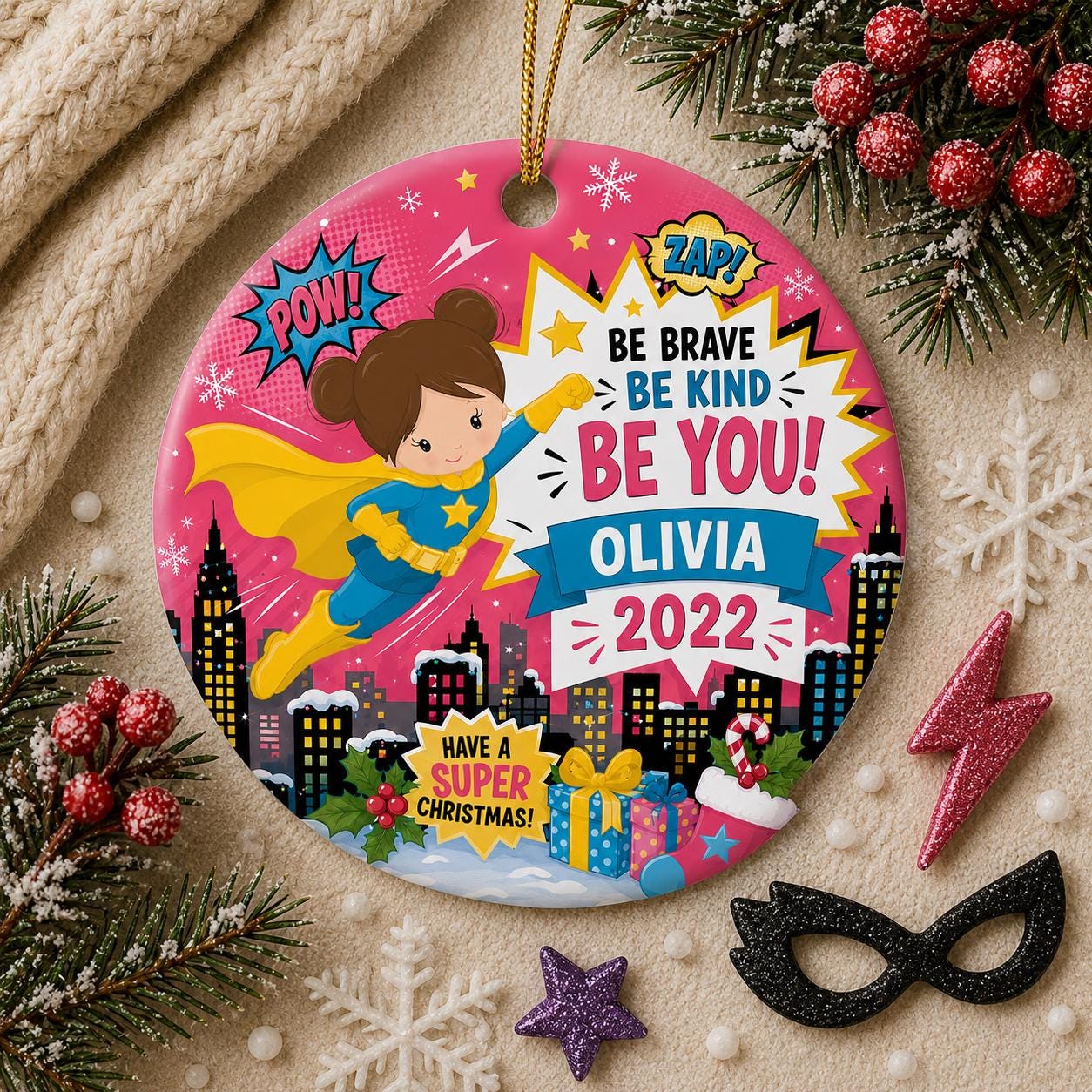 Flying Superhero Girl Ornament, Custom Name Hero Gift, Comic City KeepsakePersonalized
