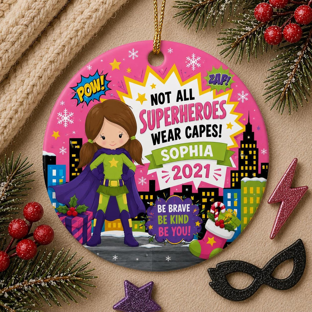 Superhero Girl Ornament, Custom Name Hero Keepsake, Comic Book DecorPersonalized