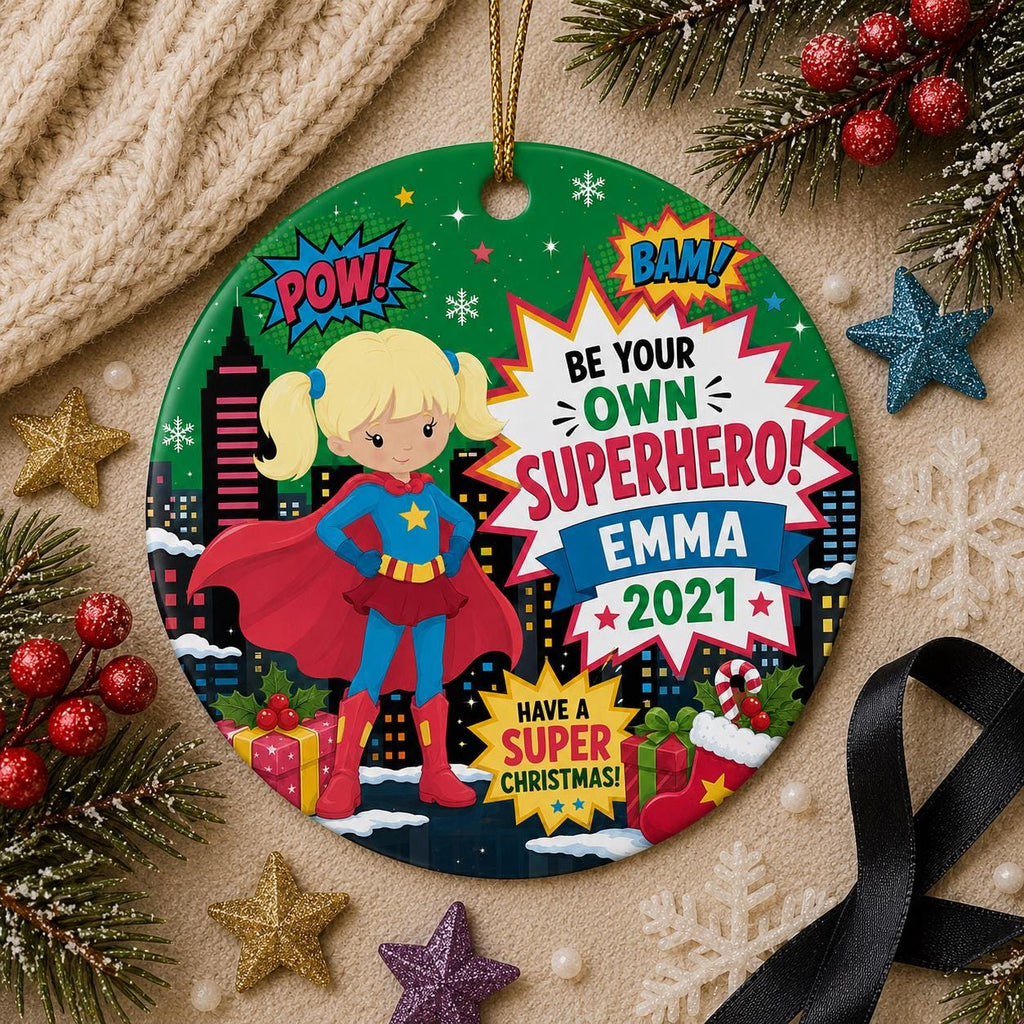 Blonde Superhero Girl Ornament, Custom Comic Name Keepsake, Whimsical Girl Power ArtPersonalized